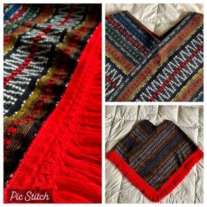 Vtg Woven Poncho Wool Acrylic Black Multi Red Fringe Boho Geo Guatemala One Size